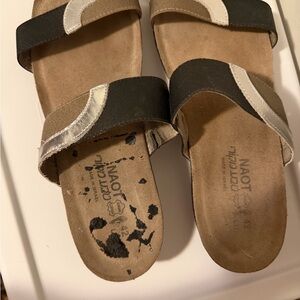 Naot Women's Two-Strap Slides in Black and Metallic Silver  sold as is.